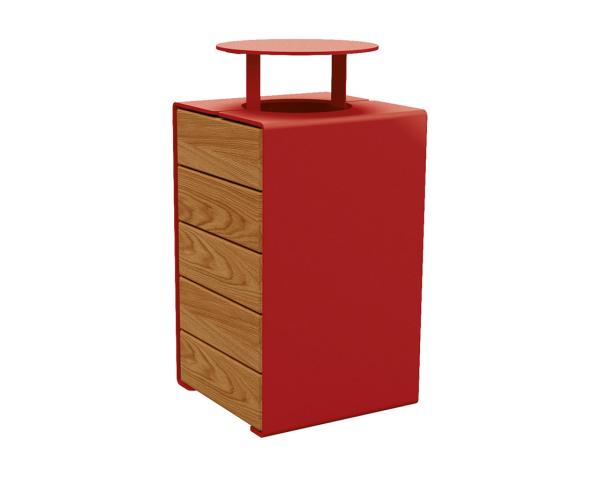 Abfallkorb Kube. 120 Liter aus Stahl und Holz Farbe:RAL 3004|Fertigstellung Holz:Tropenholz - Lasur helle Eiche|Struktur:Version mit Deckel
