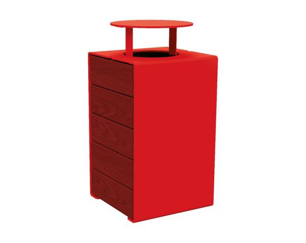 Abfallkorb Kube. 120 Liter aus Stahl und Holz Farbe:RAL 3020|Fertigstellung Holz:Tropenholz - Tönung Mahagoni|Struktur:Version mit Deckel