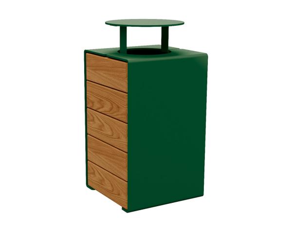 Abfallkorb Kube. 120 Liter aus Stahl und Holz Farbe:RAL 6005|Fertigstellung Holz:Tropenholz - Lasur helle Eiche|Struktur:Version mit Deckel