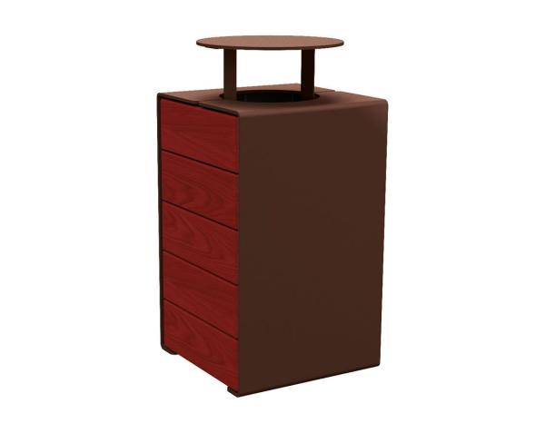 Abfallkorb Kube. 120 Liter aus Stahl und Holz Farbe:RAL 8017|Fertigstellung Holz:Tropenholz - Tönung Mahagoni|Struktur:Version mit Deckel