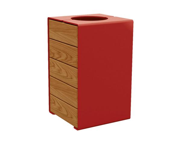 Abfallkorb Kube. 120 Liter aus Stahl und Holz Farbe:RAL 3004|Fertigstellung Holz:Tropenholz - Lasur helle Eiche|Struktur:Version ohne Deckel