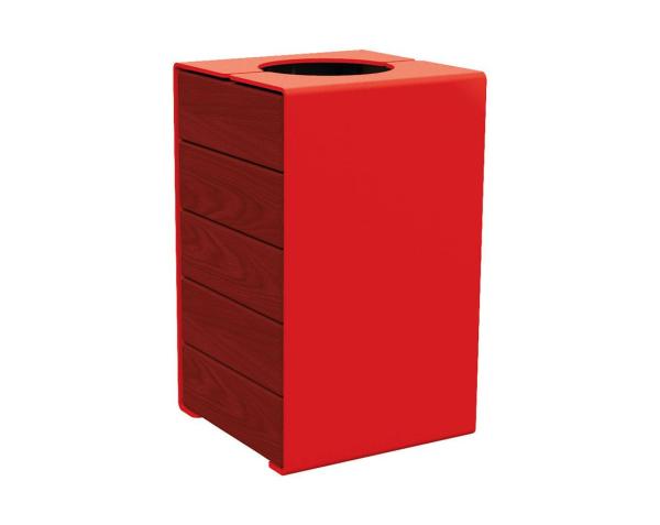 Abfallkorb Kube. 120 Liter aus Stahl und Holz Farbe:RAL 3020|Fertigstellung Holz:Tropenholz - Tönung Mahagoni|Struktur:Version ohne Deckel