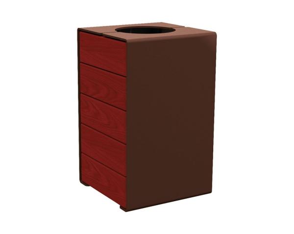 Abfallkorb Kube. 120 Liter aus Stahl und Holz Farbe:RAL 8017|Fertigstellung Holz:Tropenholz - Tönung Mahagoni|Struktur:Version ohne Deckel