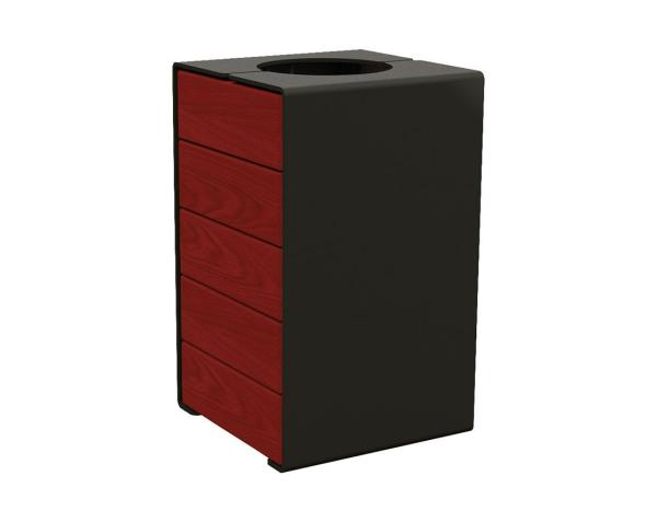 Abfallkorb Kube. 120 Liter aus Stahl und Holz Farbe:RAL 9005|Fertigstellung Holz:Tropenholz - Tönung Mahagoni|Struktur:Version ohne Deckel