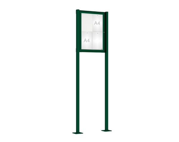 Schaukasten Tradition mit Pfosten Farbe:RAL 6005|Abmessungen:4 A4 - B 550 x H 750 mm - Flügeltür|Pfosten:Pfosten-Set auf Bodenplatten