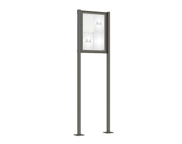 Schaukasten Tradition mit Pfosten Farbe:Procity grau|Abmessungen:4 A4 - B 550 x H 750 mm - Flügeltür|Pfosten:Pfosten-Set auf Bodenplatten
