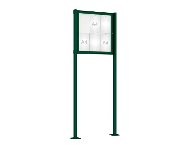 Schaukasten Tradition mit Pfosten Farbe:RAL 6005|Abmessungen:6 A4 - B 750 x H 750 mm - Flügeltür|Pfosten:Pfosten-Set auf Bodenplatten