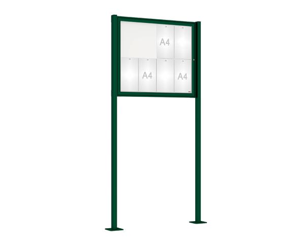 Schaukasten Tradition mit Pfosten Farbe:RAL 6005|Abmessungen:8 A4 - B 980 x H 830 mm - Flügeltür|Pfosten:Pfosten-Set auf Bodenplatten
