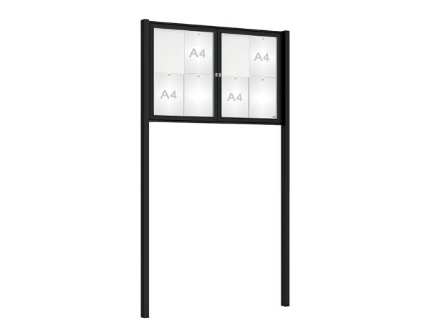 Schaukasten Tradition mit Pfosten Farbe:RAL 9005|Abmessungen:8 A4 - B 1200 x H 750 mm - 2-flügellig|Pfosten:Pfosten-Set zum Einbetonieren