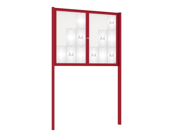Schaukasten Tradition mit Pfosten Farbe:RAL 3004|Abmessungen:18 A4 - B 1400 x H 1050 mm - 2-flügelig|Pfosten:Pfosten-Set zum Einbetonieren