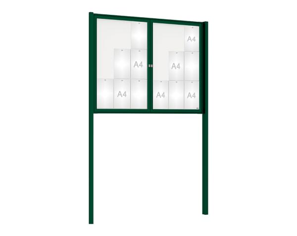 Schaukasten Tradition mit Pfosten Farbe:RAL 6005|Abmessungen:18 A4 - B 1400 x H 1050 mm - 2-flügelig|Pfosten:Pfosten-Set zum Einbetonieren