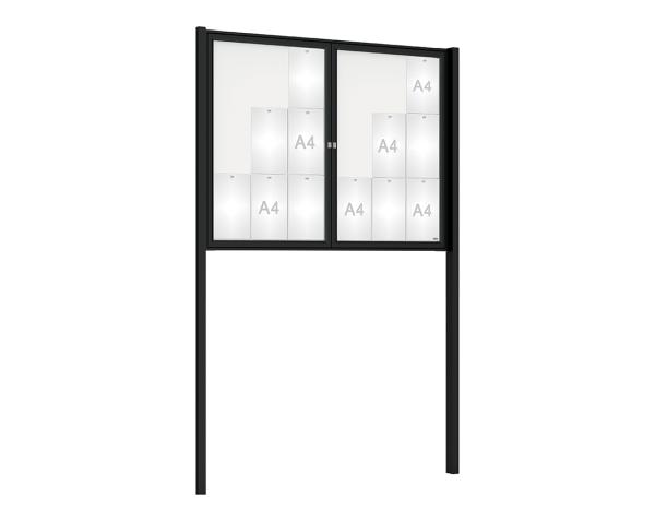 Schaukasten Tradition mit Pfosten Farbe:RAL 9005|Abmessungen:18 A4 - B 1400 x H 1050 mm - 2-flügelig|Pfosten:Pfosten-Set zum Einbetonieren