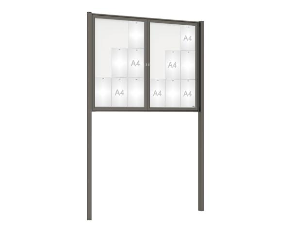 Schaukasten Tradition mit Pfosten Farbe:Procity grau|Abmessungen:18 A4 - B 1400 x H 1050 mm - 2-flügelig|Pfosten:Pfosten-Set zum Einbetonieren