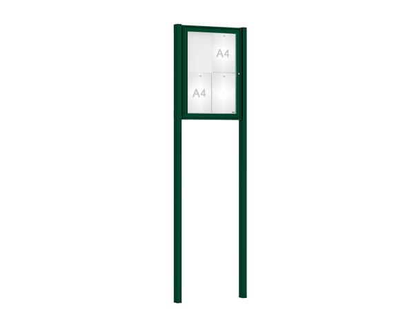 Schaukasten Klassik mit Pfosten Farbe:RAL 6005|Abmessungen:4 A4 - B 550 x H 750 mm - Flügeltür|Pfosten:Mittelpfosten zum Einbetonieren