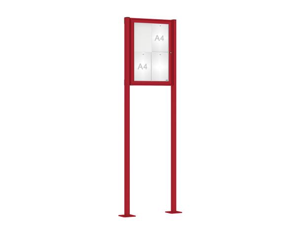 Schaukasten Klassik mit Pfosten Farbe:RAL 3004|Abmessungen:4 A4 - B 550 x H 750 mm - Flügeltür|Pfosten:Pfosten-Set auf Bodenplatten