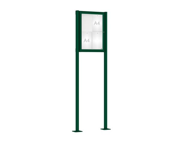 Schaukasten Klassik mit Pfosten Farbe:RAL 6005|Abmessungen:4 A4 - B 550 x H 750 mm - Flügeltür|Pfosten:Pfosten-Set auf Bodenplatten