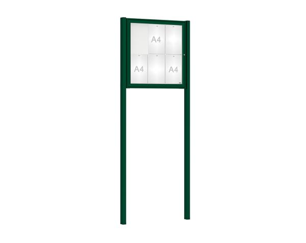 Schaukasten Klassik mit Pfosten Farbe:RAL 6005|Abmessungen:6 A4 - B 750 x H 750 mm - Flügeltür|Pfosten:Mittelpfosten zum Einbetonieren