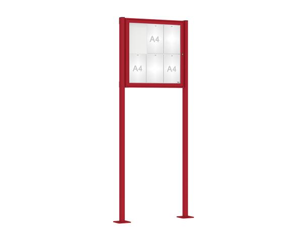 Schaukasten Klassik mit Pfosten Farbe:RAL 3004|Abmessungen:6 A4 - B 750 x H 750 mm - Flügeltür|Pfosten:Pfosten-Set auf Bodenplatten