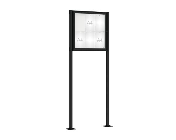 Schaukasten Klassik mit Pfosten Farbe:RAL 9005|Abmessungen:6 A4 - B 750 x H 750 mm - Flügeltür|Pfosten:Pfosten-Set auf Bodenplatten