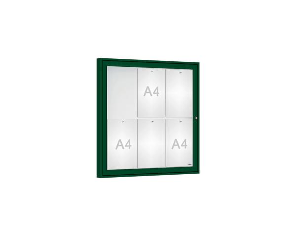 Schaukasten Klassik Farbe:RAL 6005|Verglasung:Plexichocs|Abmessungen:6 A4 - B 750 x H 750 mm