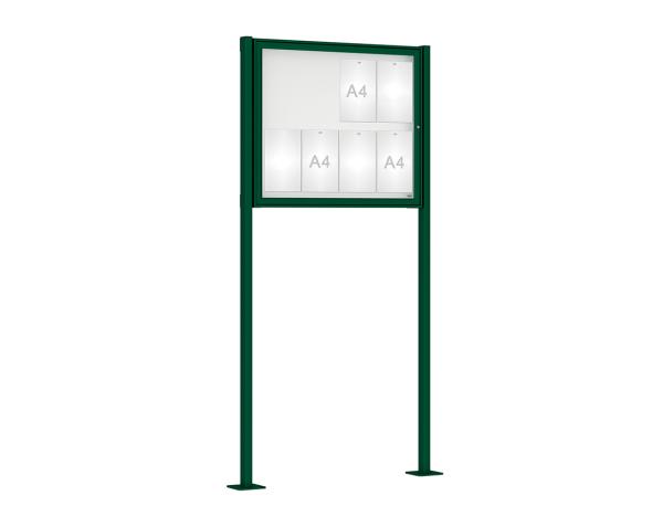 Schaukasten Klassik mit Pfosten Farbe:RAL 6005|Abmessungen:8 A4 - B 980 x H 830 mm - Flügeltür|Pfosten:Pfosten-Set auf Bodenplatten