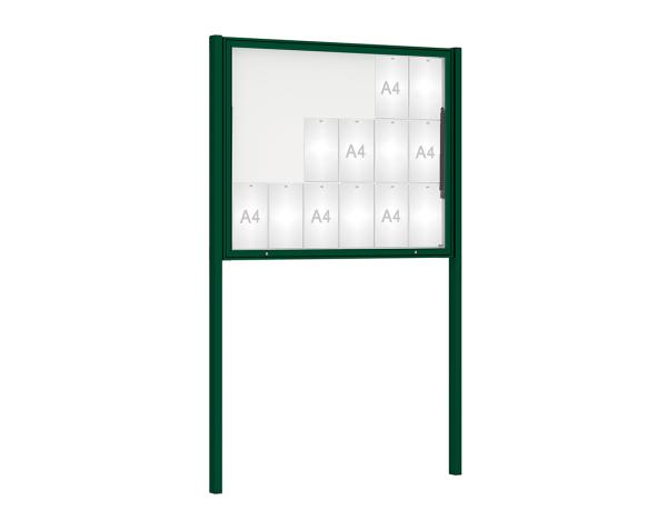 Schaukasten Klassik mit Pfosten Farbe:RAL 6005|Abmessungen:18 A4 - B 1330 x H 1080 mm - Klapptür|Pfosten:Mittelpfosten zum Einbetonieren
