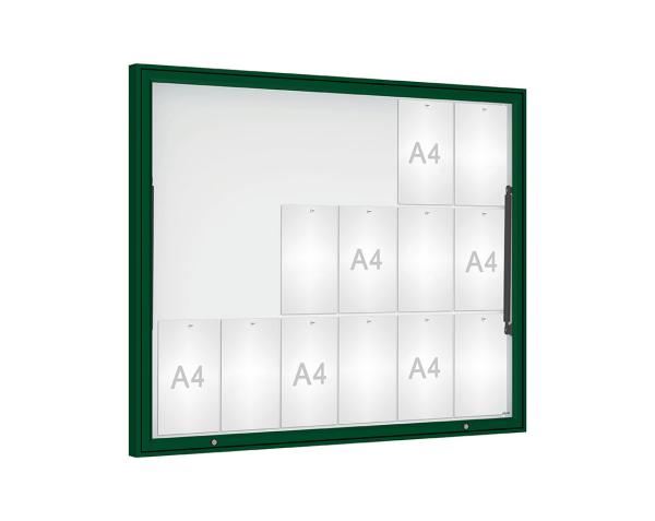 Schaukasten Klassik Farbe:RAL 6005|Verglasung:Plexichocs|Abmessungen:18 A4 - B 1330 x H 1080 mm