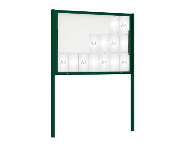 Schaukasten Klassik mit Pfosten Farbe:RAL 6005|Abmessungen:21 A4 - B 1600 x H 1130 mm - Klapptür|Pfosten:Pfosten-Set zum Einbetonieren