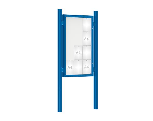 Schaukasten 1000 mit Quatro-Pfosten Farbe:RAL 5010|Abmessungen:12 A4 - B 750 x H 1350 mm - Flügeltür|Pfosten:Pfosten-Set zum Einbetonieren - Ohne Titelleiste