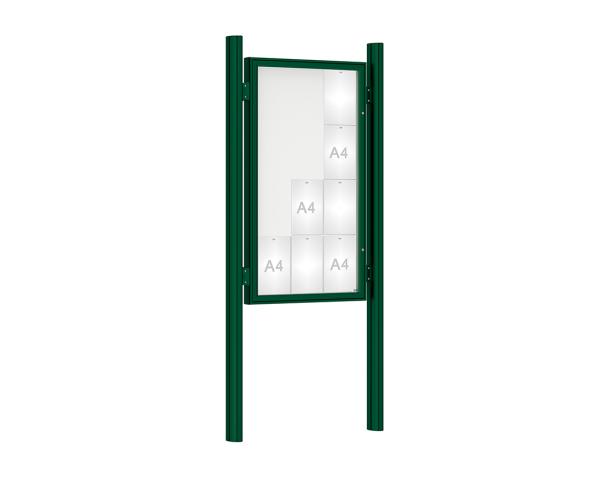 Schaukasten 1000 mit Quatro-Pfosten Farbe:RAL 6005|Abmessungen:12 A4 - B 750 x H 1350 mm - Flügeltür|Pfosten:Pfosten-Set zum Einbetonieren - Ohne Titelleiste