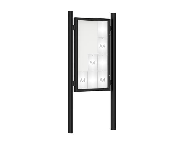 Schaukasten 1000 mit Quatro-Pfosten Farbe:RAL 9005|Abmessungen:12 A4 - B 750 x H 1350 mm - Flügeltür|Pfosten:Pfosten-Set zum Einbetonieren - Ohne Titelleiste