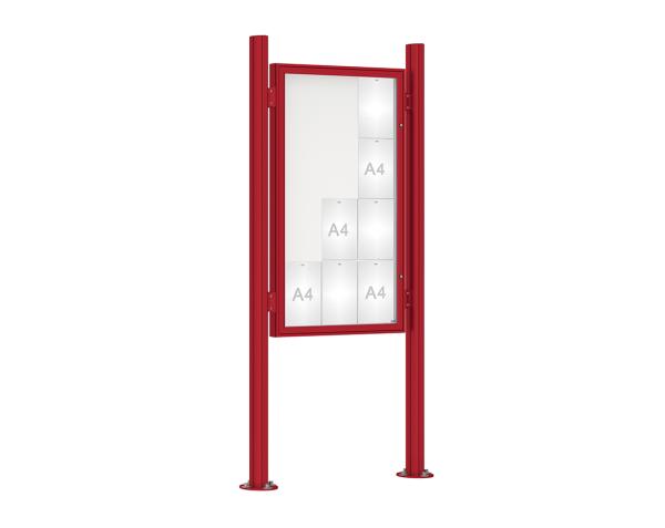 Schaukasten 1000 mit Quatro-Pfosten Farbe:RAL 3004|Abmessungen:12 A4 - B 750 x H 1350 mm - Flügeltür|Pfosten:Pfosten-Set auf Bodenplatten - Ohne Titelleiste