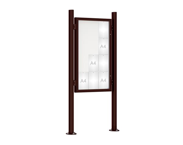 Schaukasten 1000 mit Quatro-Pfosten Farbe:RAL 8017|Abmessungen:12 A4 - B 750 x H 1350 mm - Flügeltür|Pfosten:Pfosten-Set auf Bodenplatten - Ohne Titelleiste