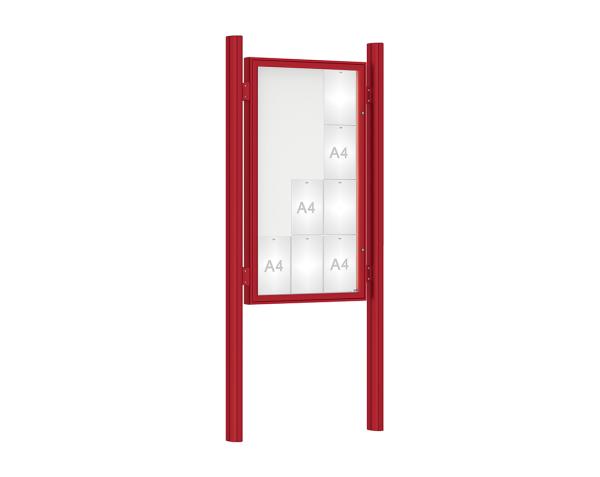 Schaukasten 1000 mit Quatro-Pfosten Farbe:RAL 3004|Abmessungen:12 A4 - B 750 x H 1350 mm - Flügeltür|Pfosten:Mittelpfosten zum Einbetonieren - Ohne Titelleiste