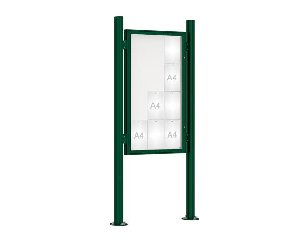 Schaukasten 1000 mit Quatro-Pfosten Farbe:RAL 6005|Abmessungen:12 A4 - B 750 x H 1350 mm - Flügeltür|Pfosten:Mittelpfosten auf Bodenplatte - Ohne Titelleiste