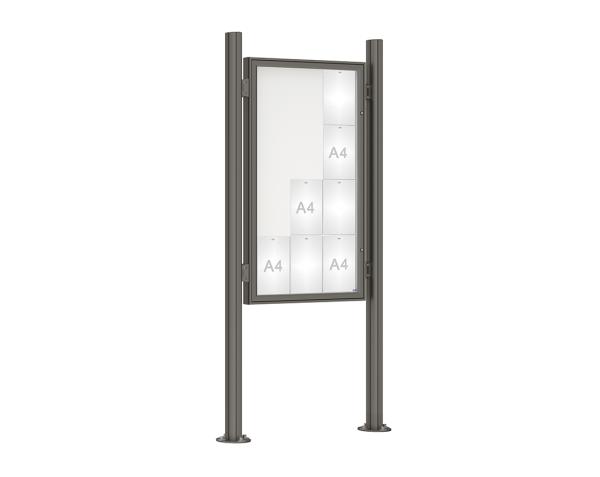 Schaukasten 1000 mit Quatro-Pfosten Farbe:Procity grau|Abmessungen:12 A4 - B 750 x H 1350 mm - Flügeltür|Pfosten:Mittelpfosten auf Bodenplatte - Ohne Titelleiste