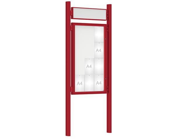 Schaukasten 1000 mit Quatro-Pfosten Farbe:RAL 3004|Abmessungen:12 A4 - B 750 x H 1350 mm - Flügeltür|Pfosten:Pfosten-Set zum Einbetonieren - Mit Titelleiste
