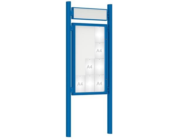 Schaukasten 1000 mit Quatro-Pfosten Farbe:RAL 5010|Abmessungen:12 A4 - B 750 x H 1350 mm - Flügeltür|Pfosten:Pfosten-Set zum Einbetonieren - Mit Titelleiste