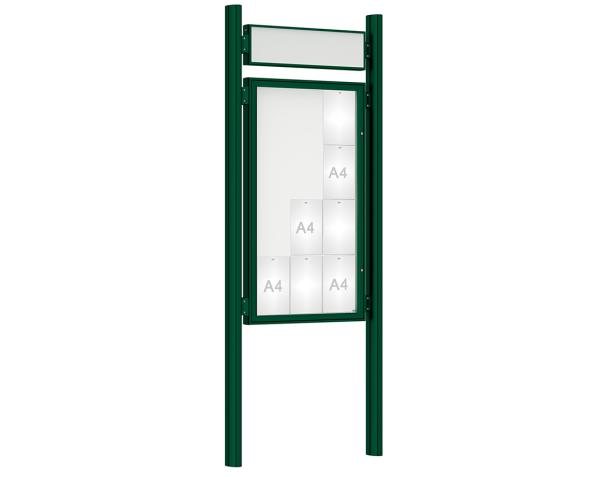 Schaukasten 1000 mit Quatro-Pfosten Farbe:RAL 6005|Abmessungen:12 A4 - B 750 x H 1350 mm - Flügeltür|Pfosten:Mittelpfosten zum Einbetonieren - Mit Titelleiste
