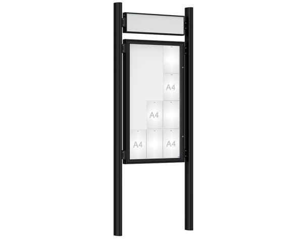 Schaukasten 1000 mit Quatro-Pfosten Farbe:RAL 9005|Abmessungen:12 A4 - B 750 x H 1350 mm - Flügeltür|Pfosten:Mittelpfosten zum Einbetonieren - Mit Titelleiste