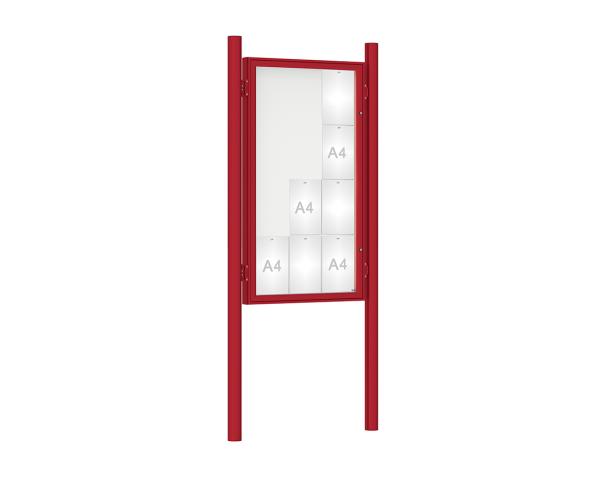 Schaukasten 1000 mit Pfosten Ø 76 mm Farbe:RAL 3004|Abmessungen:12 A4 - B 750 x H 1350 mm - Flügeltür|Pfosten:Pfosten-Set zum Einbetonieren - Ohne Titelleiste