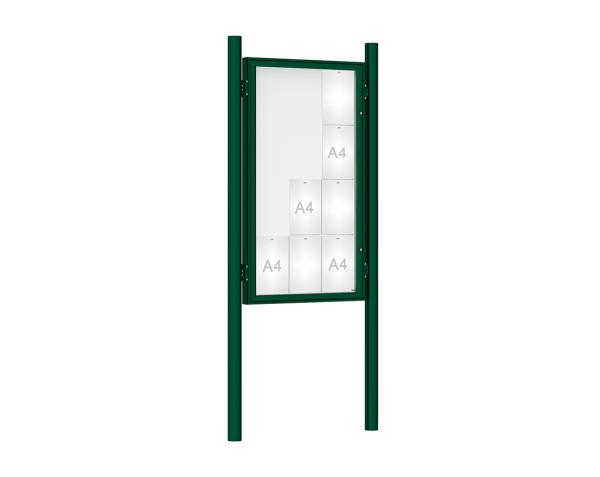 Schaukasten 1000 mit Pfosten Ø 76 mm Farbe:RAL 6005|Abmessungen:12 A4 - B 750 x H 1350 mm - Flügeltür|Pfosten:Pfosten-Set zum Einbetonieren - Ohne Titelleiste