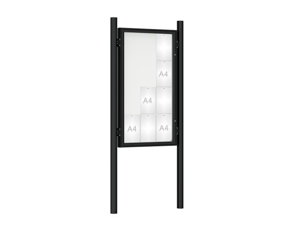 Schaukasten 1000 mit Pfosten Ø 76 mm Farbe:RAL 9005|Abmessungen:12 A4 - B 750 x H 1350 mm - Flügeltür|Pfosten:Pfosten-Set zum Einbetonieren - Ohne Titelleiste