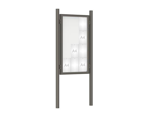 Schaukasten 1000 mit Pfosten Ø 76 mm Farbe:Procity grau|Abmessungen:12 A4 - B 750 x H 1350 mm - Flügeltür|Pfosten:Pfosten-Set zum Einbetonieren - Ohne Titelleiste