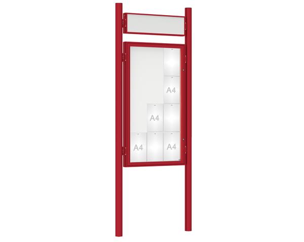 Schaukasten 1000 mit Pfosten Ø 76 mm Farbe:RAL 3004|Abmessungen:12 A4 - B 750 x H 1350 mm - Flügeltür|Pfosten:Pfosten-Set zum Einbetonieren - Mit Titelleiste