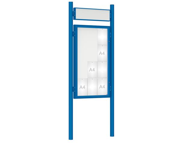 Schaukasten 1000 mit Pfosten Ø 76 mm Farbe:RAL 5010|Abmessungen:12 A4 - B 750 x H 1350 mm - Flügeltür|Pfosten:Pfosten-Set zum Einbetonieren - Mit Titelleiste