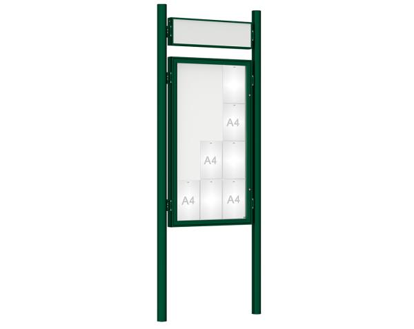 Schaukasten 1000 mit Pfosten Ø 76 mm Farbe:RAL 6005|Abmessungen:12 A4 - B 750 x H 1350 mm - Flügeltür|Pfosten:Pfosten-Set zum Einbetonieren - Mit Titelleiste