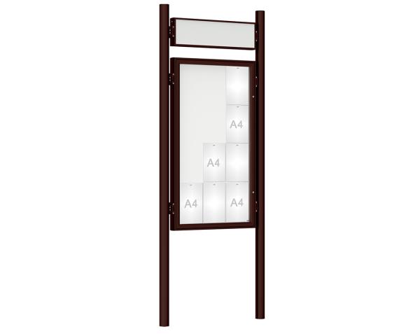 Schaukasten 1000 mit Pfosten Ø 76 mm Farbe:RAL 8017|Abmessungen:12 A4 - B 750 x H 1350 mm - Flügeltür|Pfosten:Pfosten-Set zum Einbetonieren - Mit Titelleiste