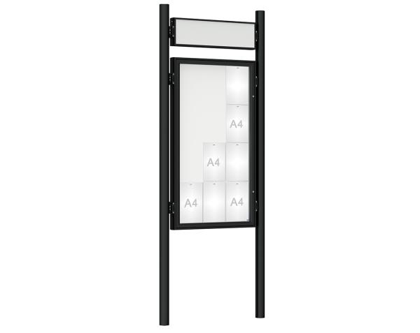 Schaukasten 1000 mit Pfosten Ø 76 mm Farbe:RAL 9005|Abmessungen:12 A4 - B 750 x H 1350 mm - Flügeltür|Pfosten:Pfosten-Set zum Einbetonieren - Mit Titelleiste