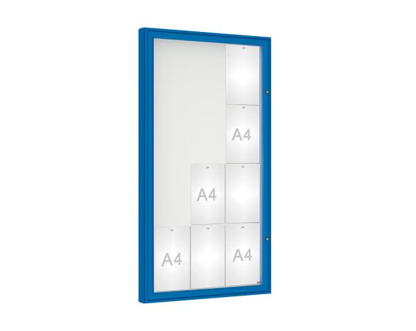 Schaukasten 1000 Farbe:RAL 5010|Verglasung:Plexichocs|Abmessungen:12 A4 – B 750 x H 1350 mm
